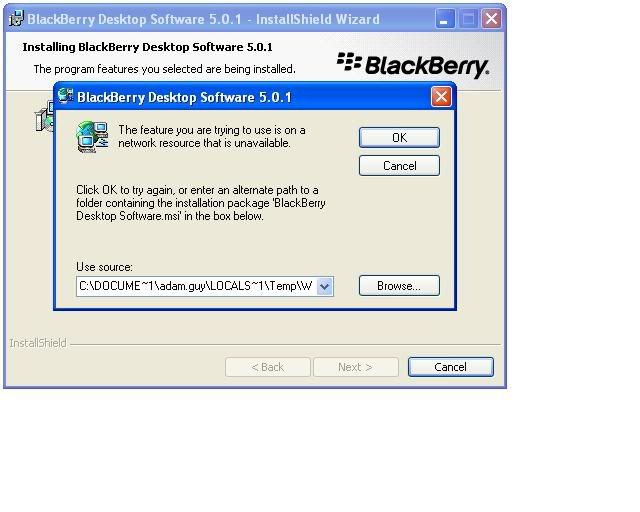 When I try to install Blackberry Desktop Software (the latest version 5.0.1) I get 3/4 through the installation and the following message comes up: